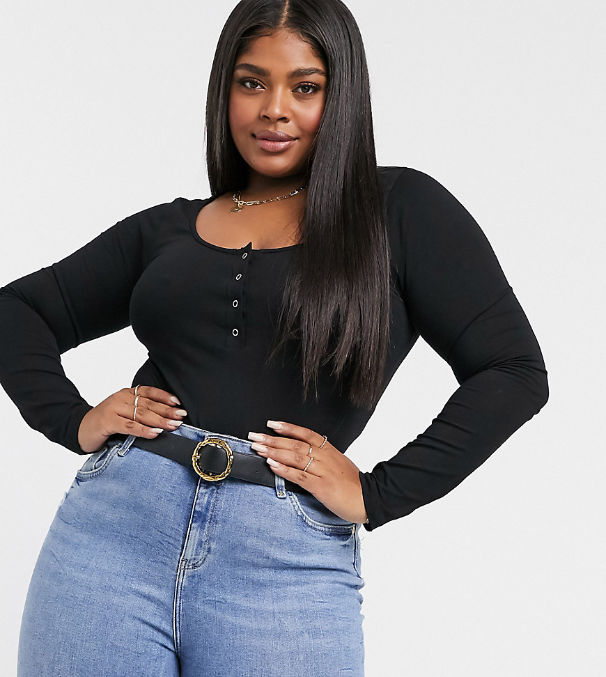 ASOS DESIGN Curve bodysuit with snap front and thumb hole in black
