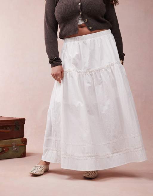 ASOS DESIGN Curve boho maxi skirt with embroidered hem in white, 2 of 5