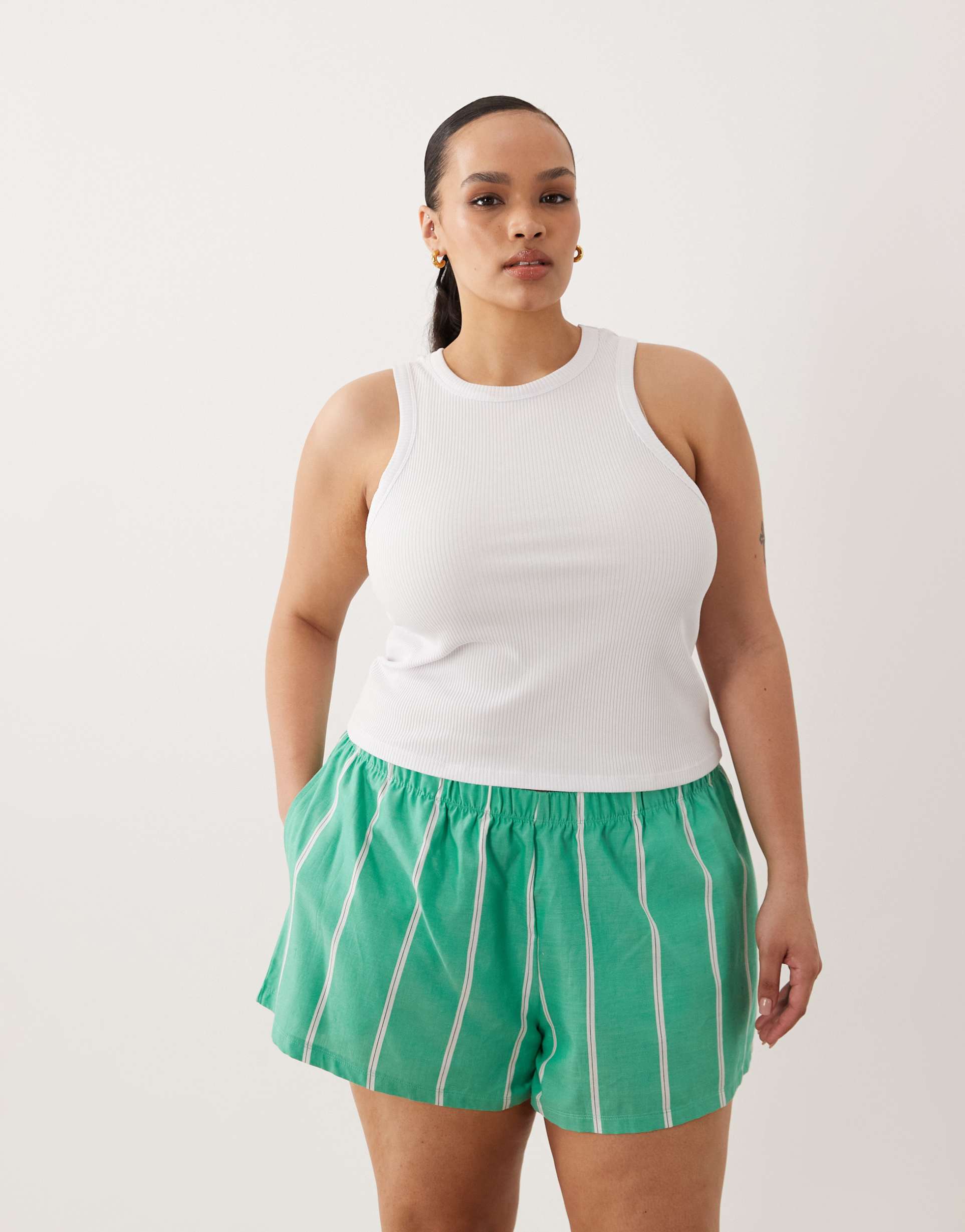 asos design curve bold striped pajama boxer shorts in green
