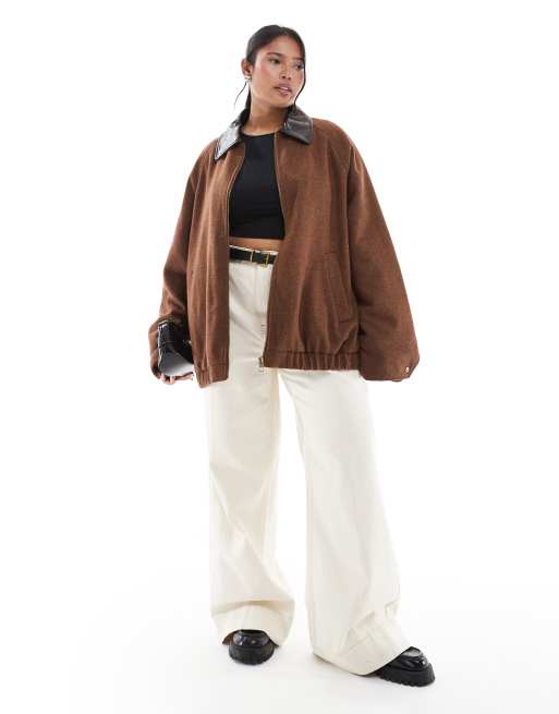 ASOS DESIGN Curve - Bomber classique en laine mélangée avec col en similicuir - Chocolat, 2 de 4