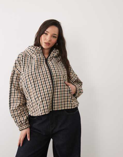 ASOS DESIGN Curve - Bomber colo pietra a quadri con fondo a palloncino e cappuccio - view 1