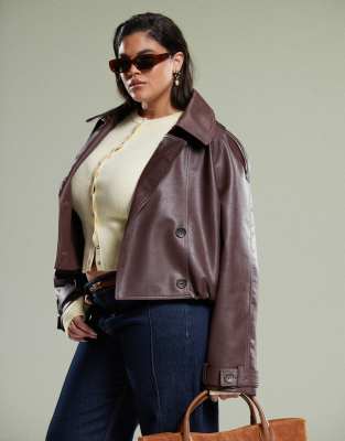 ASOS DESIGN Curve - Bomber-Trenchcoat in Schokobraun mit Lederoptik