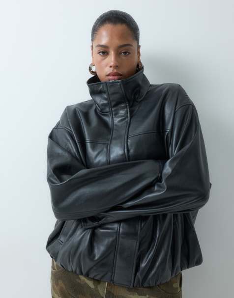 ASOS DESIGN Curve Bomberjacke in Lederoptik mit Stehkragen in Schwarz - view 1