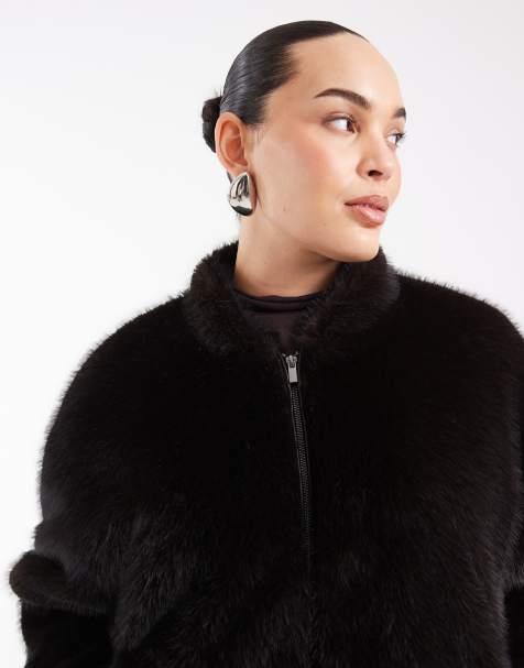 ASOS DESIGN Curve bomberjakke med gennemgående lynlås i imiteret pels i mørkebrun - view 1
