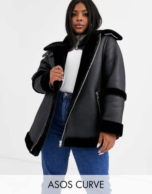 ASOS DESIGN Curve bonded aviator coat in black | ASOS