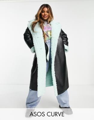 ASOS DESIGN Curve bonded borg trench coat in black and mint - ASOS Price Checker