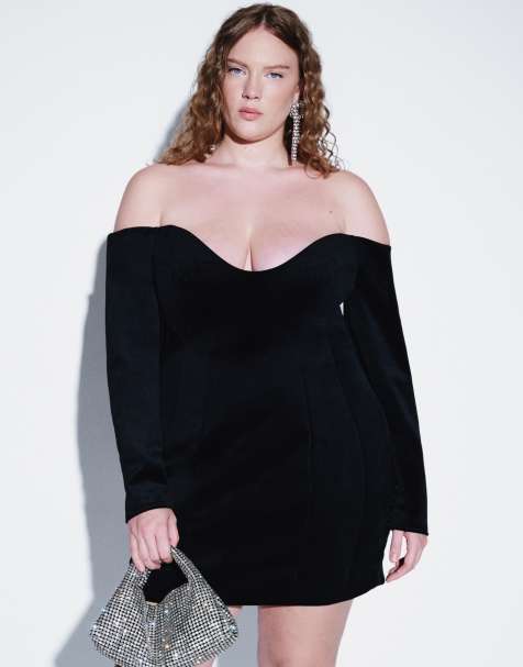 ASOS DESIGN Curve bonded fluwelen jurk met structuur en bardot-halslijn, mini, zwart - view 1