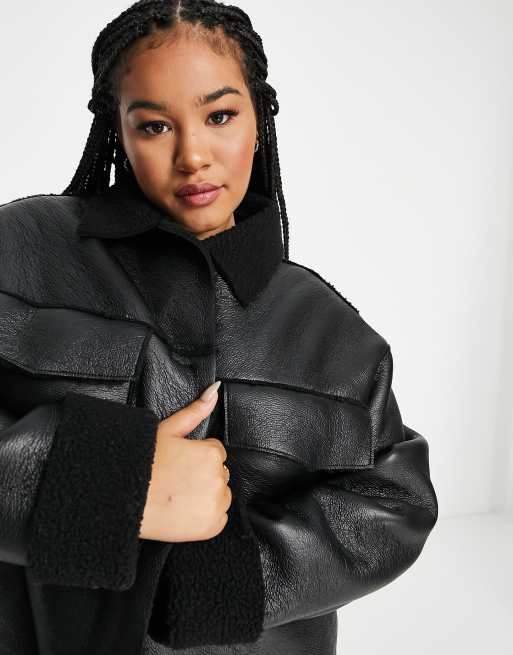 Black Sherpa Shacket No Boundaries Juniors Plaid Faux Sherpa