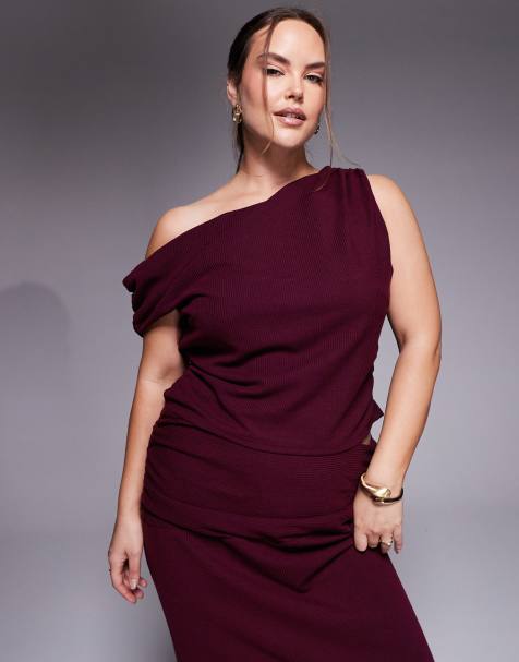 ASOS DESIGN Curve - Bordeaux asymmetrisk top i tekstureret ribstrik - Del af sæt - view 1