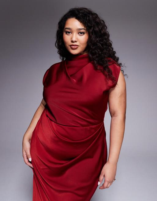 ASOS DESIGN Curve - Bordeaux højhalset midikjole med plisseret livstykke, 3 af 4