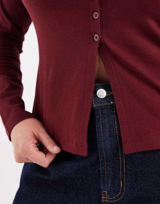 ASOS DESIGN Curve - Bordeaux longline-top med gennemgående knapper i bomuld, 3 af 4