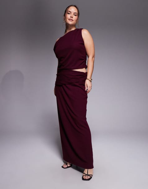 ASOS DESIGN Curve - Bordeaux maxinederdel med søjlesnit i tekstureret ribstrik - Del af sæt - view 1