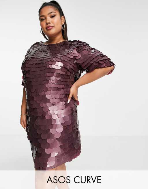 ASOS DESIGN Curve - Bordeaux shift-minikjole med pailletter - Kun hos ASOS