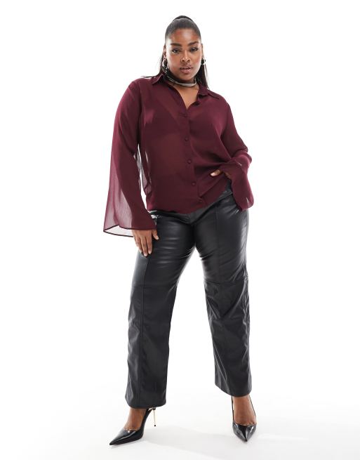ASOS DESIGN Curve - Bordeaux skjorte i gennemsigtigt krølstof, 2 af 4