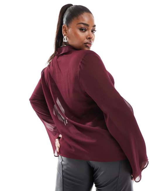 ASOS DESIGN Curve - Bordeaux skjorte i gennemsigtigt krølstof, 3 af 4