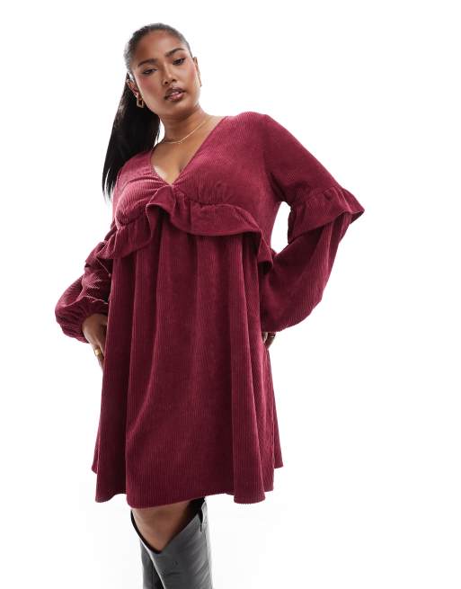ASOS DESIGN Curve - Bordeaux smock-minikjole med flæsedetaljer i fløjl, 2 af 4