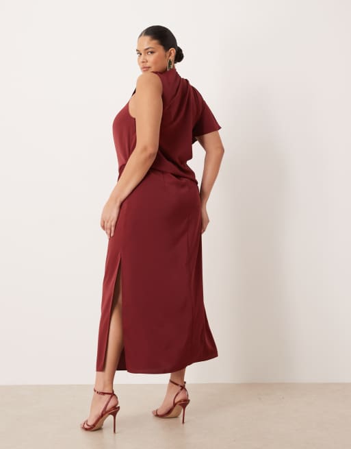 ASOS DESIGN Curve - Bordeaux tætsiddende kjole med enkelt ærme og drapering, 4 af 4