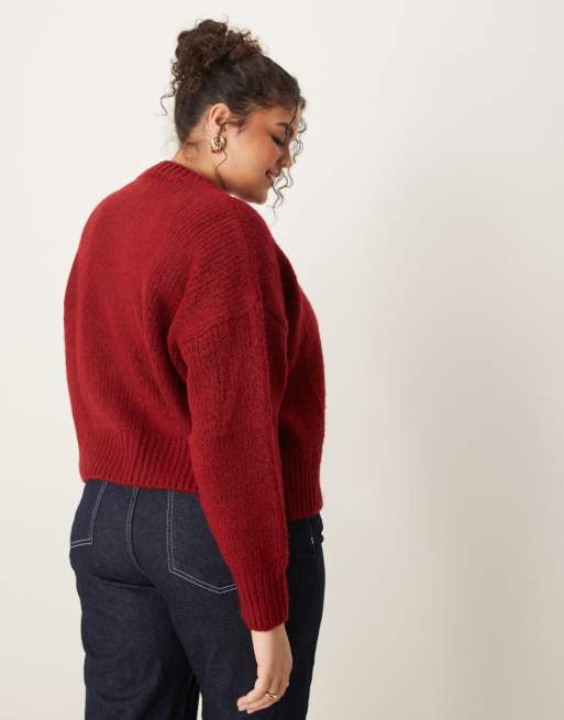 ASOS DESIGN Curve - Bordeauxrød cardigan med rund hals i løst strik, 3 af 4
