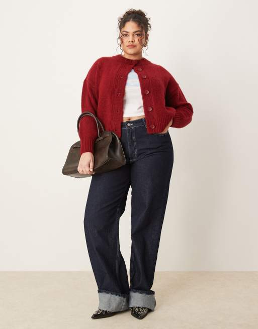 ASOS DESIGN Curve - Bordeauxrød cardigan med rund hals i løst strik, 4 af 4