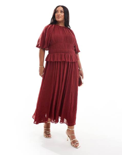 ASOS DESIGN Curve - Bordeauxrød midikjole med pufærmer og indsyet talje - view 1