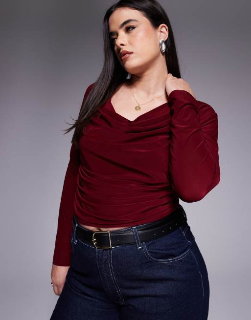 ASOS DESIGN Curve - Bordeauxrød og stram langærmet top med vandfaldsudskæring