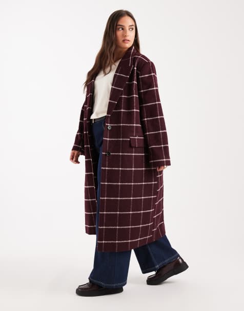 ASOS DESIGN Curve - Bordeauxrød, ternet og formel longline-frakke - view 1