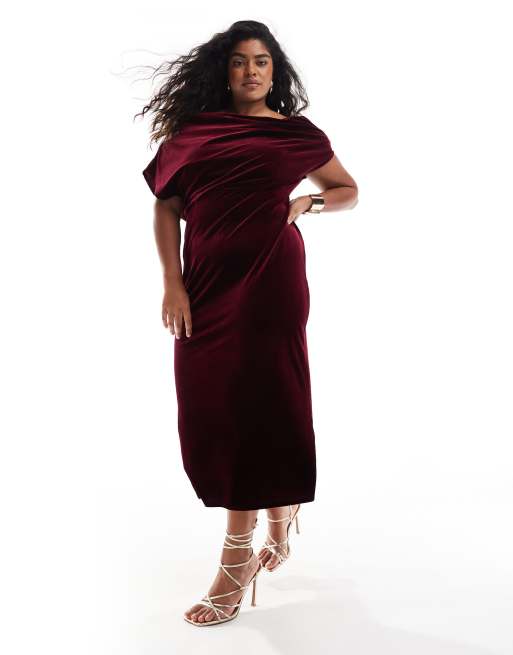 ASOS DESIGN Curve – Bordowa aksamitna sukienka midi z ozdobnym dekoltem