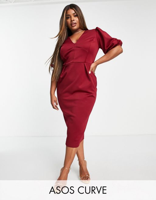 ASOS DESIGN Curve – Bordowa sukienka midi o gorsetowym fasonie z bufkami  wykończonymi ściągaczem | ASOS