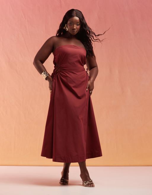 ASOS DESIGN Curve – Bordowa sukienka midi z dekoltem bandeau i ozdobnym wiązaniem w talii