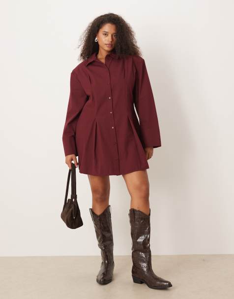 ASOS DESIGN Curve – Bordowa taliowana sukienka koszulowa mini z poduszkami w ramionach - view 1