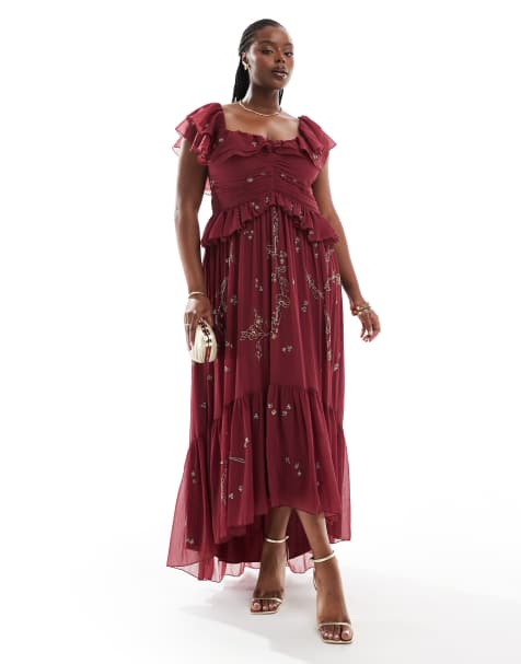 ASOS DESIGN Curve scatter embellished ruffle off shoulder cut out midi dress in burgundy