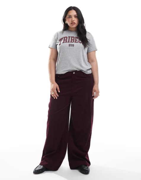 ASOS DESIGN Curve cord wide leg trousers in burgundy pinstripe