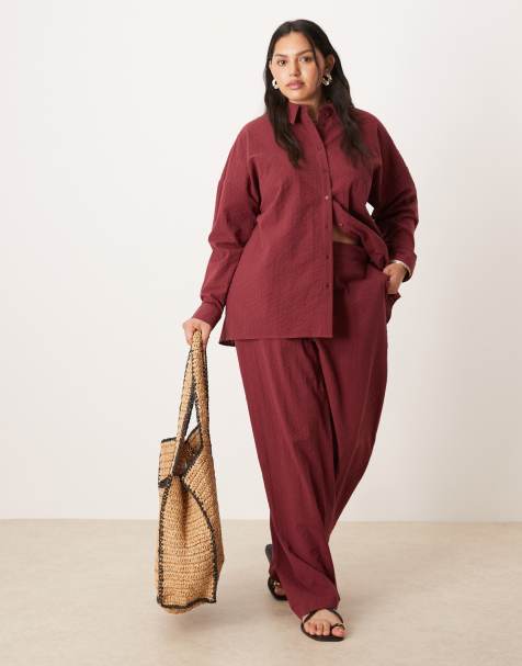 ASOS DESIGN Curve seersucker relaxed pull on trousers co-ord in burgundy