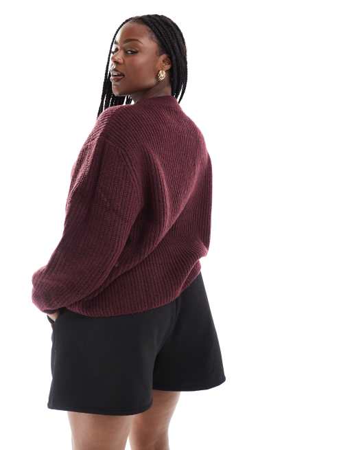 ASOS DESIGN Curve – Bordowy gruby prążkowany sweter z okrągłym dekoltem, 2 z 4