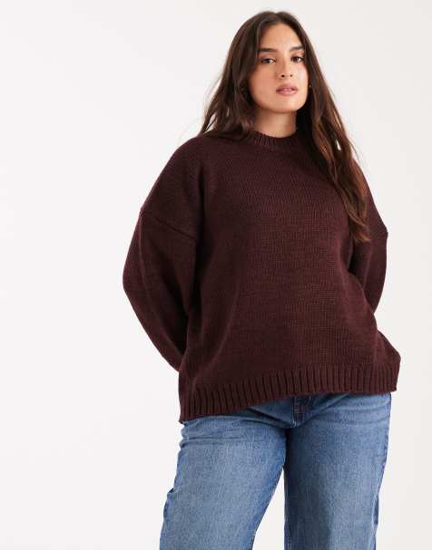 ASOS DESIGN Curve super oversized chunky crew neck jumper with curved hem in burgundy