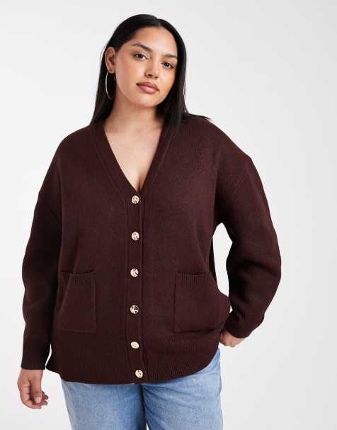 ASOS DESIGN Curve oversized boyfriend cardigan in structured yarn in plum