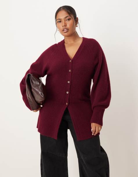 ASOS DESIGN Curve v neck longline cardigan with waist detail in fluffy yarn in burgundy