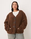 [ASOS Curve] ASOS DESIGN Curve borg cardigan with PU trim in chocolate-Brown XL Chocolate