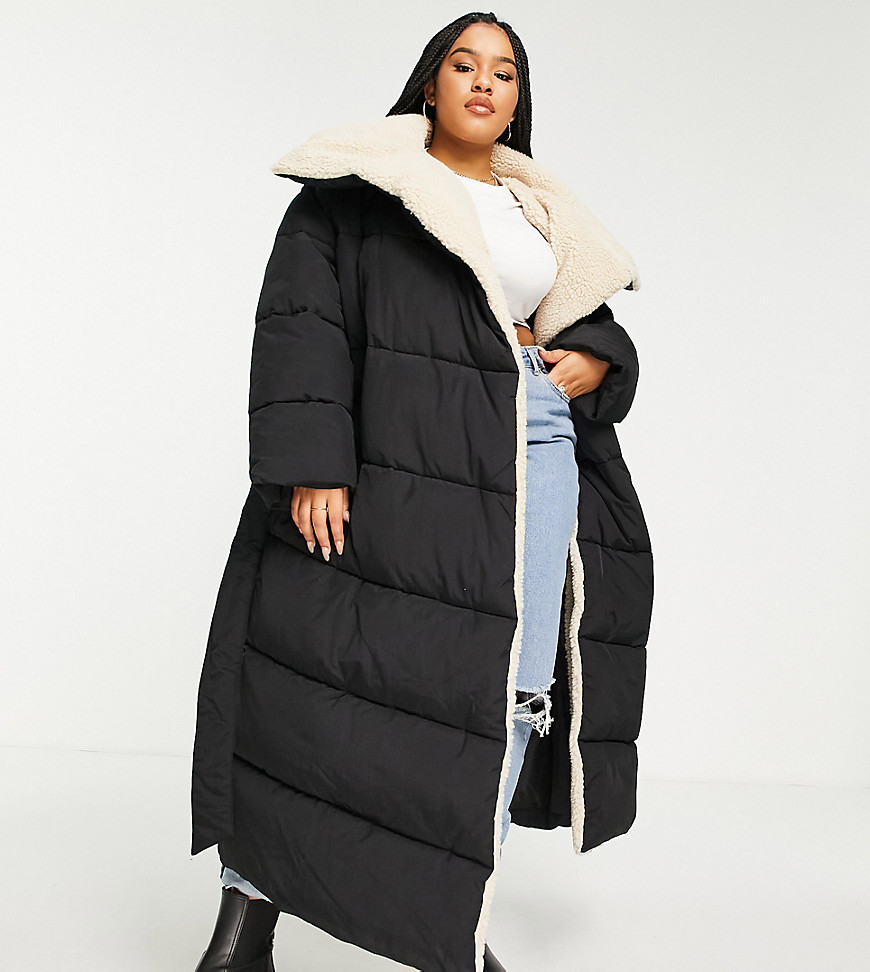 ASOS DESIGN Curve borg collared belted maxi puffer jacket in black