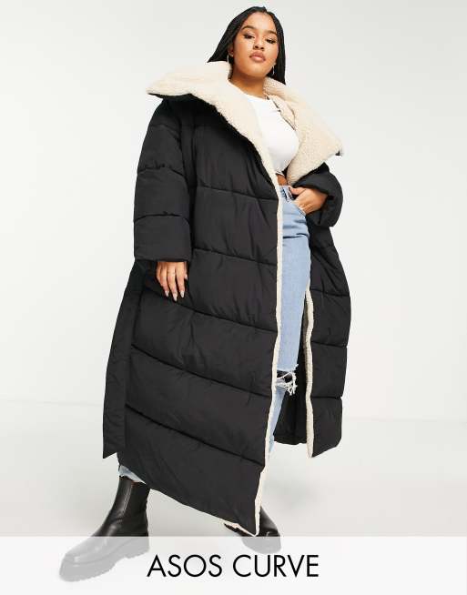 ASOS DESIGN Curve borg collared belted maxi puffer jacket in black | ASOS