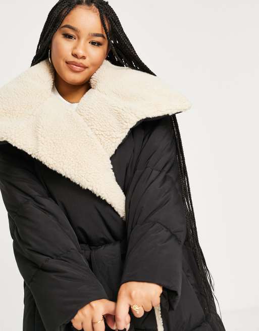 ASOS DESIGN Curve borg collared belted maxi puffer jacket in black