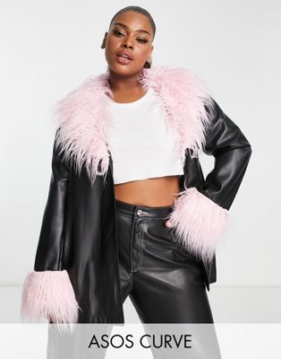 ASOS DESIGN Curve borg cuff faux leather jacket in black & pink