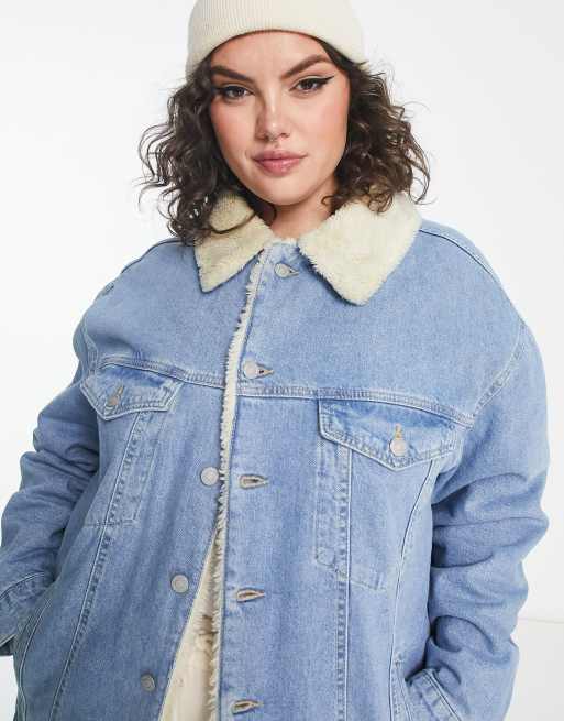 ASOS DESIGN faux fur lined oversized denim jacket in blue wash