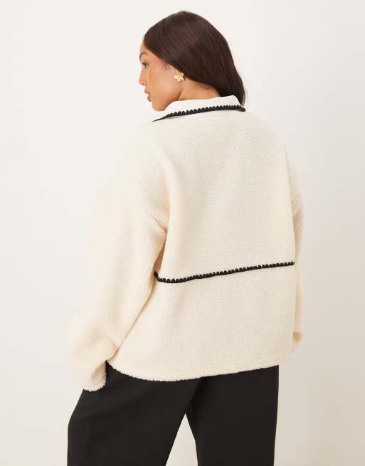 ASOS DESIGN Curve borg fleece pullover sweatshirt with blanket stitch detail in cream and black, 3 of 4