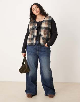 Asos Curve Asos Design Curve Borg Fleece Vest With Plaid Design And Bow Design-multi In Black