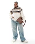 [ASOS Curve] ASOS DESIGN Curve borg half zip sweat with fair isle design-Multi 2XL CREAM