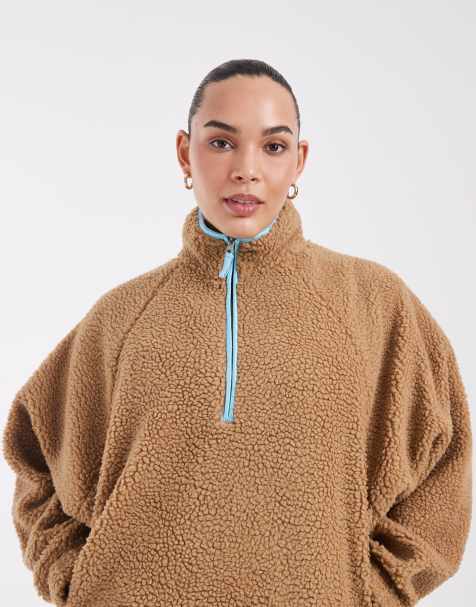 ASOS DESIGN Curve borg half zip with contrast binding in beige and blue - view 1