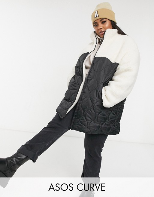 ASOS DESIGN Curve borg jacket with quilted panelling in mono