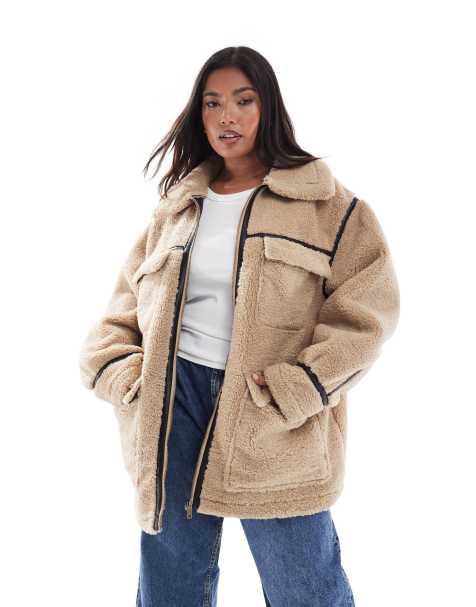 ASOS DESIGN Curve borg outer mid length jacket in stone - view 1
