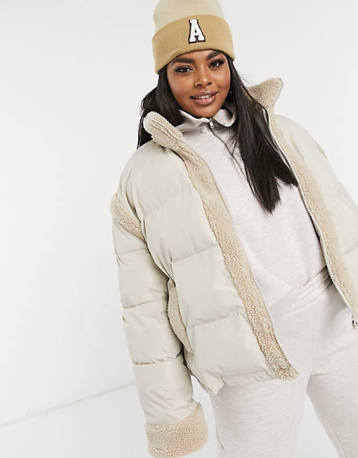  Curve borg panelled puffer jacket in cream 
